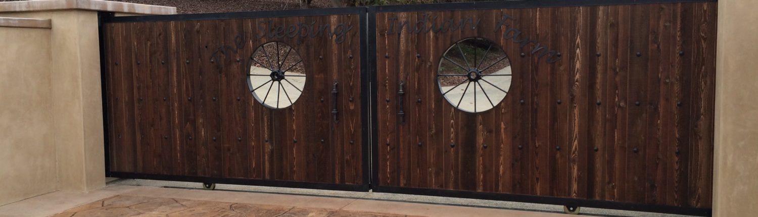 Ornamental Iron and Wood Wagon Wheel Electric Gate