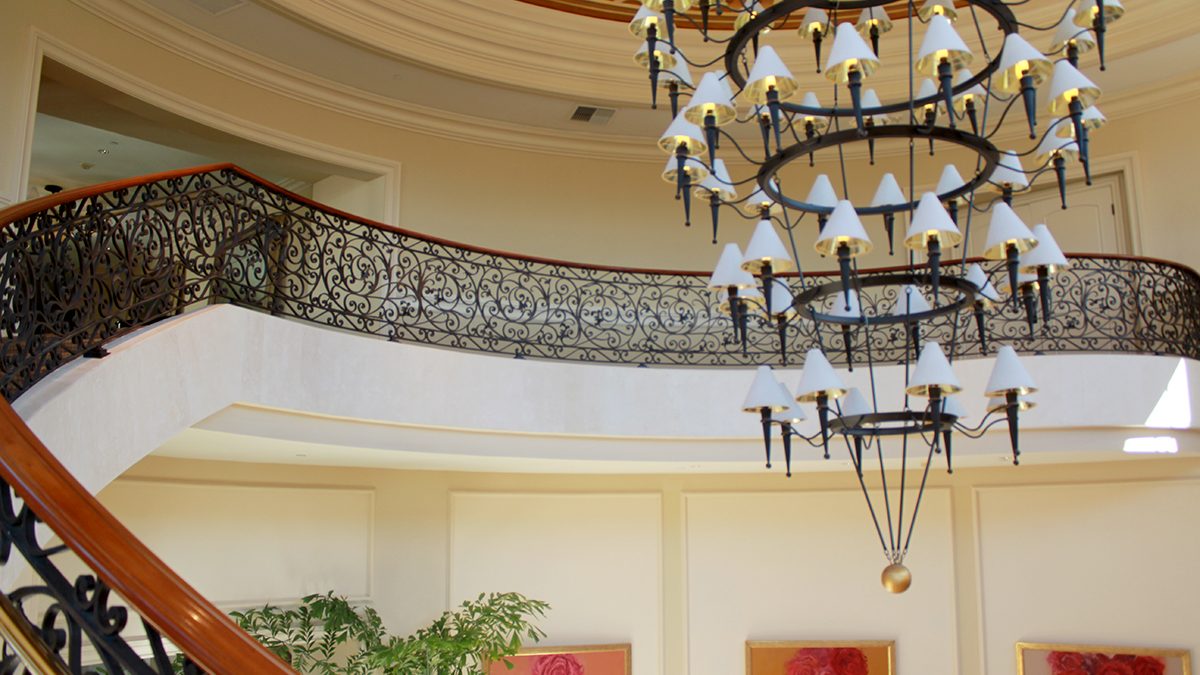 Ornamental Iron Staircase Handrailing and Chandelier Ritz Carlton