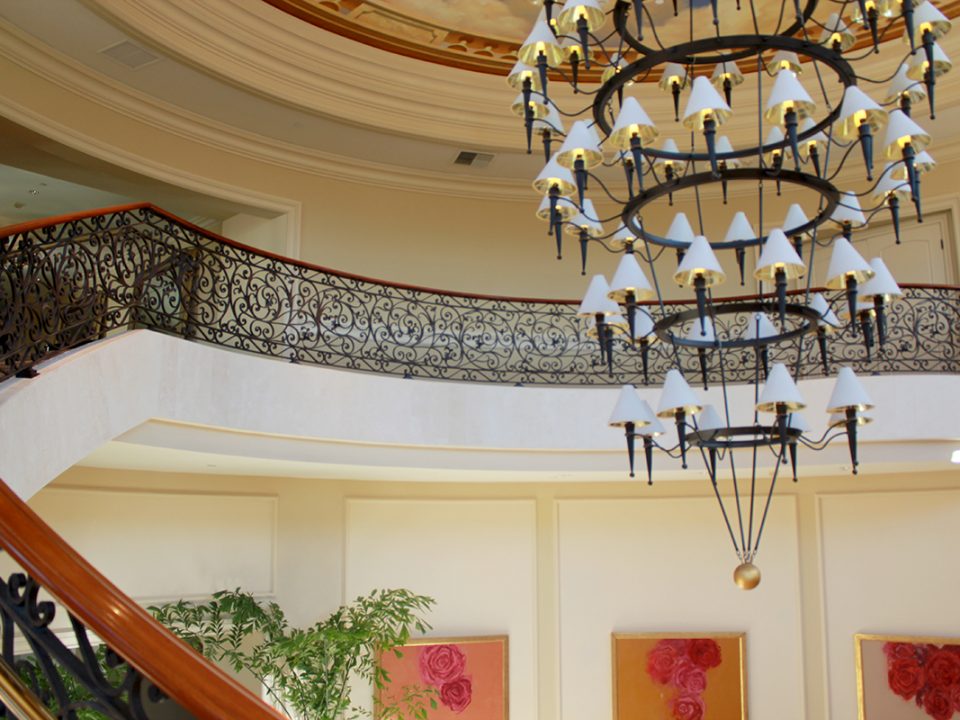 Ornamental Iron Staircase Handrailing and Chandelier Ritz Carlton